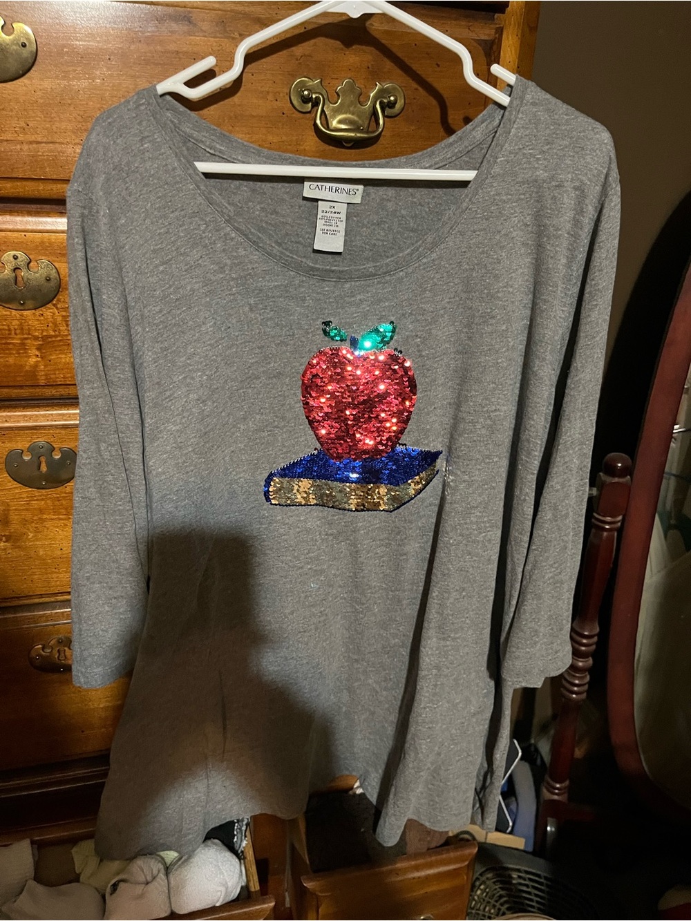 Catherines Gray Long-Sleeve Top with Red Sequin Apple